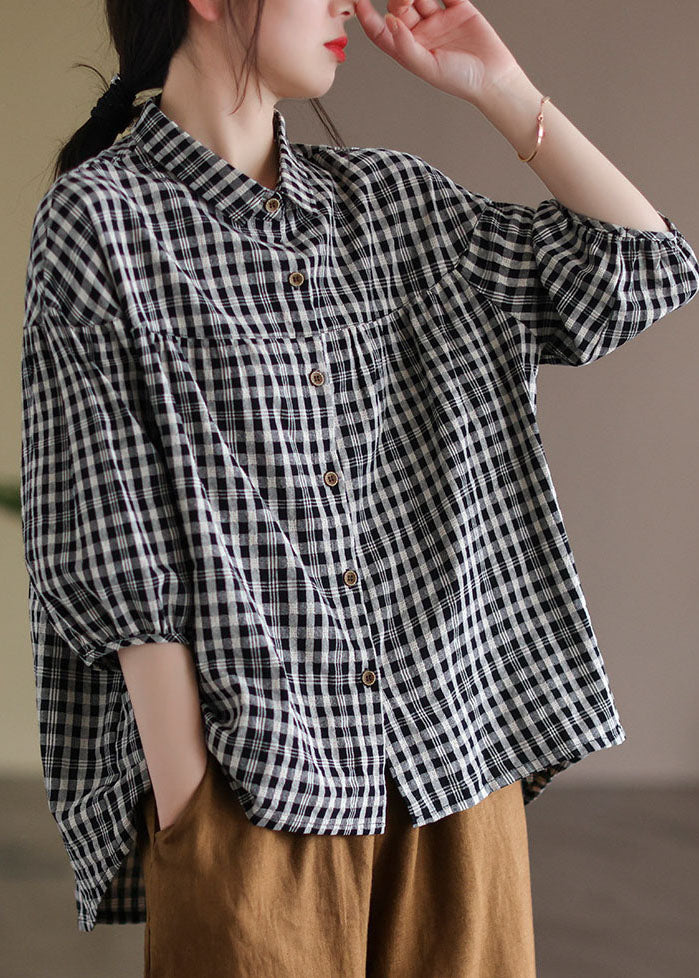 Black Peter Pan Collar Plaid Linen Shirt Half Sleeve