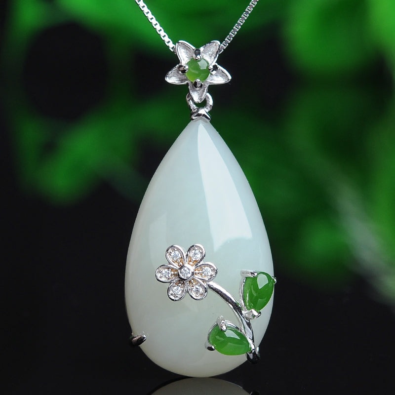 Unique Cyan Sterling Silver Jade Water Drop Pendant Necklace