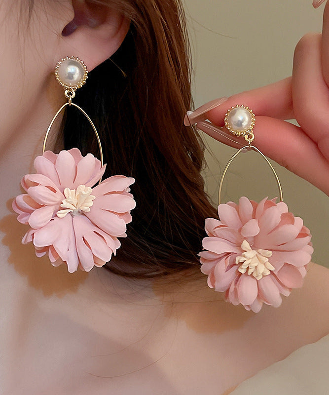 Pink Alloy Pearl Cloth Chrysanthemum Drop Earrings