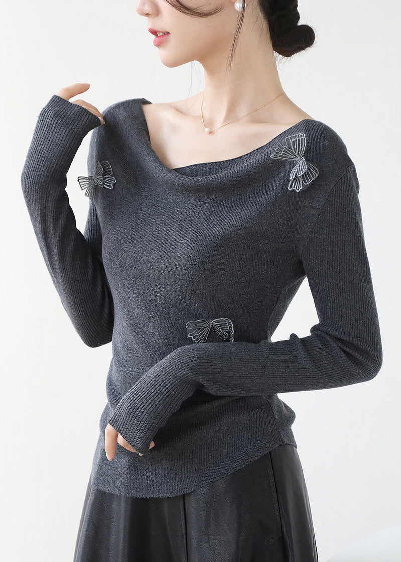 Original Design Grey Slash Neck Butterfly Knit Top Spring
