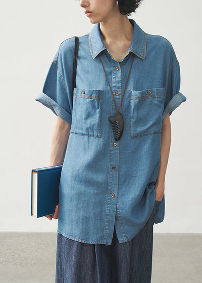 Blue Peter Pan Collar Pockets Button Denim Shirts Summer