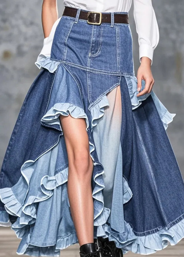 Blue Ruffled Patchwork Low High Design Denim Skirts Spring