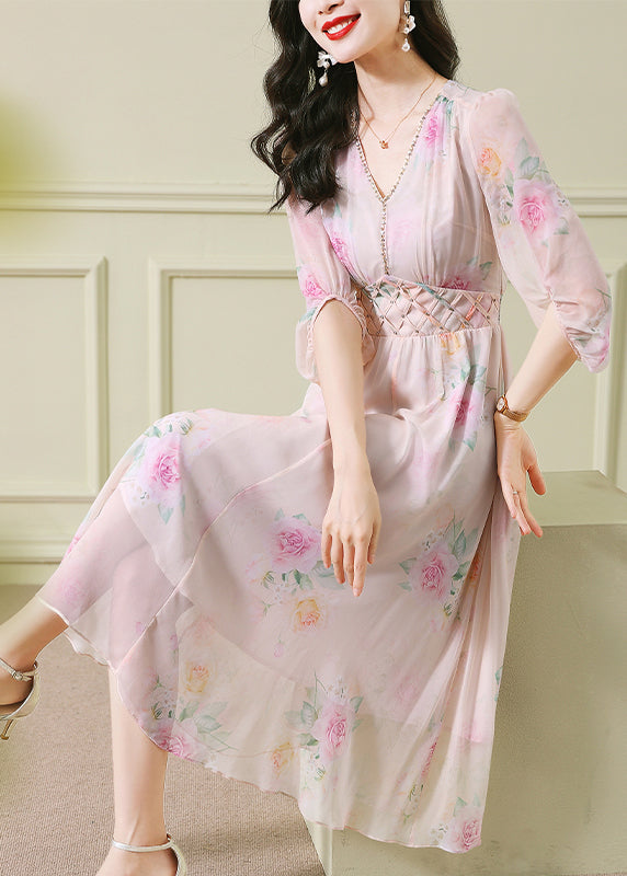 Vogue Apricot V Neck Print Zircon Long Dress Puff Sleeve