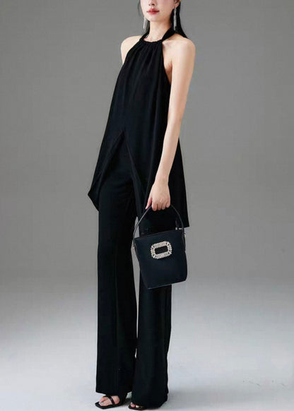 Fine Black Backless Front Open Cotton Two Pieces Set Sleeveless