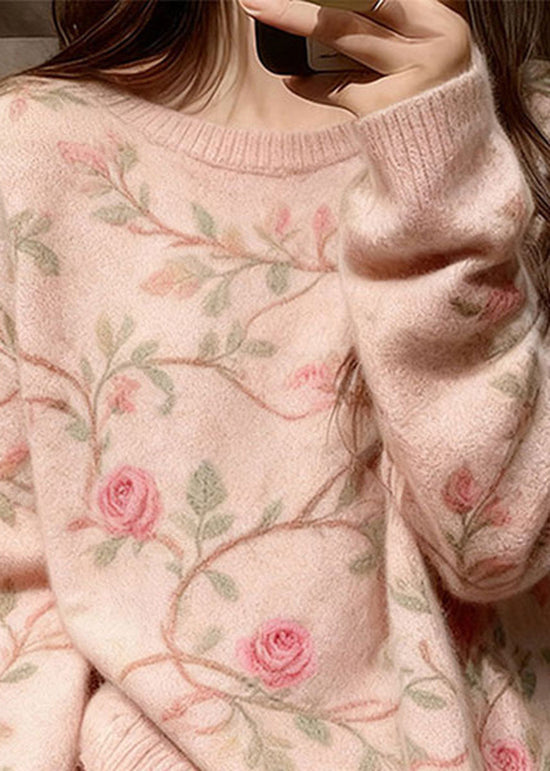 Style Pink O Neck Thick Knit Sweater Tops Winter