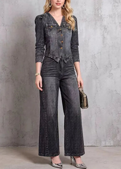 V Neck Top and Pants Denim Two Pieces Set Spring
