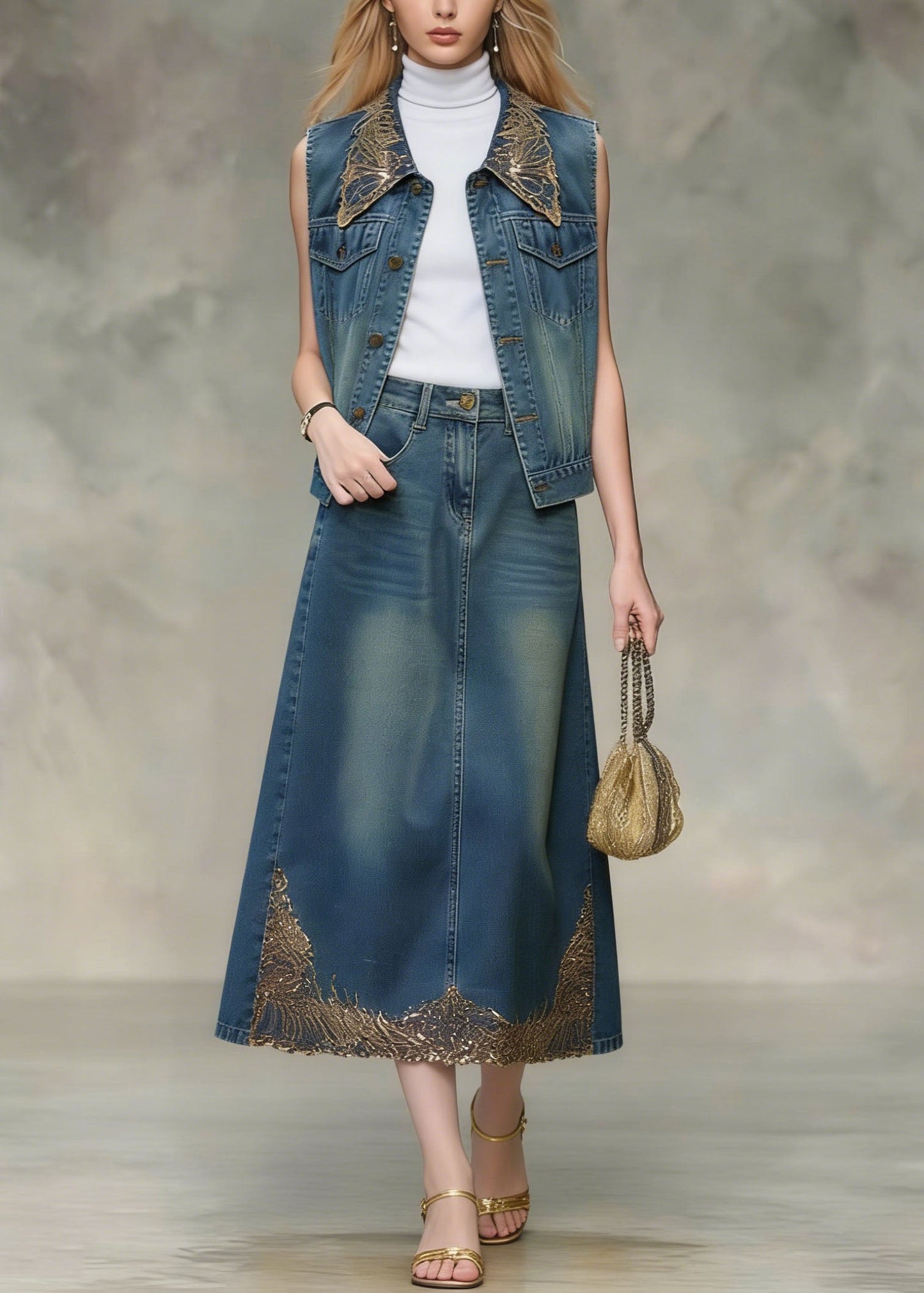 Blue Sequins Embroidered Denim Two Pieces Set Spring