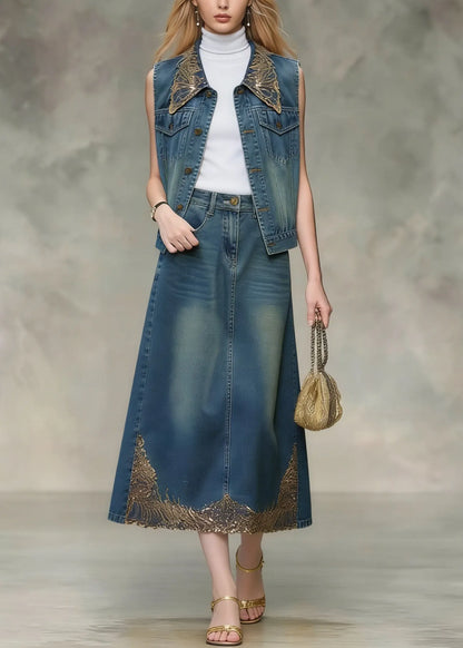 Blue Sequins Embroidered Denim Two Pieces Set Spring