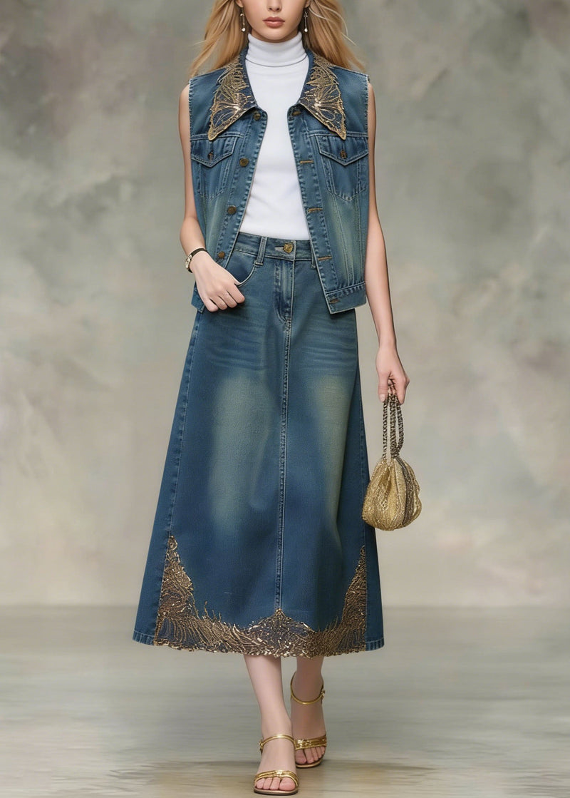 Blue Sequins Embroidered Denim Two Pieces Set Spring