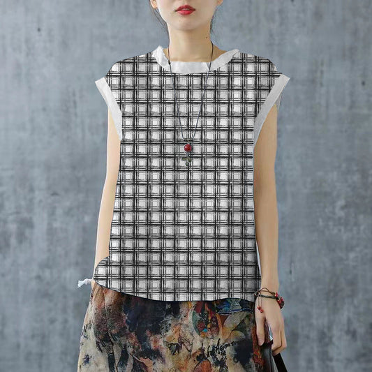 Black Plaid Drawstring Turtle Neck Linen Tank Short Sleeve