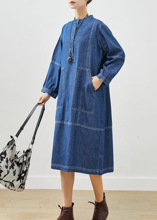 Dark Blue Oversized Patchwork Cotton Vacation Dresses Fall