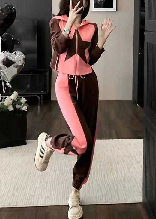 Pink Hooded Zippered Patchwork Cotton Two Pieces Set Long Sleeve