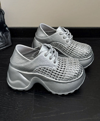 Silver Lace Up Splicing Platform Hollow Out Sandals