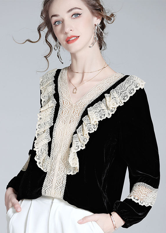 Black V Neck Lace Patchwork Silk Velour Top Spring