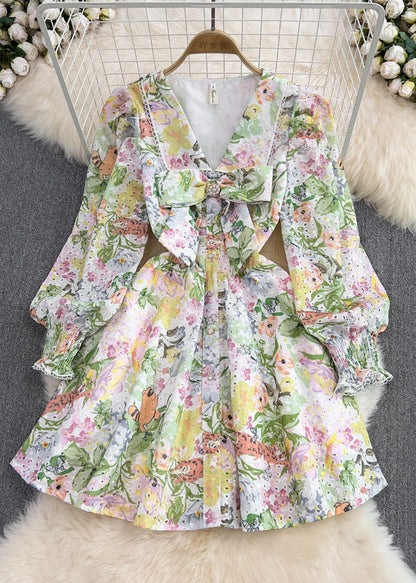 Green V Neck Print Tunic Bow Mid Dresses Long Sleeve