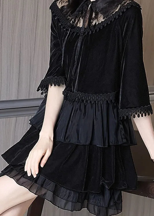 Black Ruffled Tasseled Patchwork Velour Mid Dress Fall