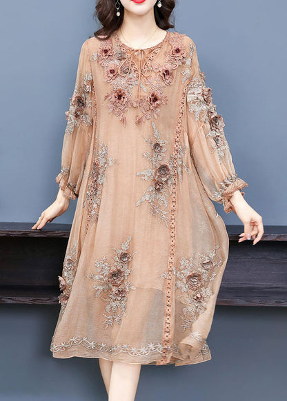 Handmade Apricot V Neck Embroideried Silk Maxi Dress Long Sleeve Spring