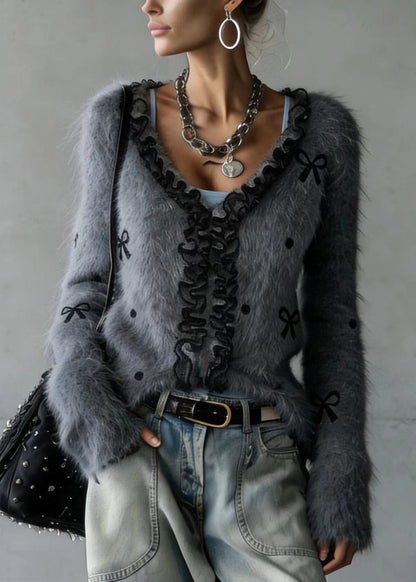 Grey Ruffled Patchwork Faux Fur Fluffy Knitted Top Spring
