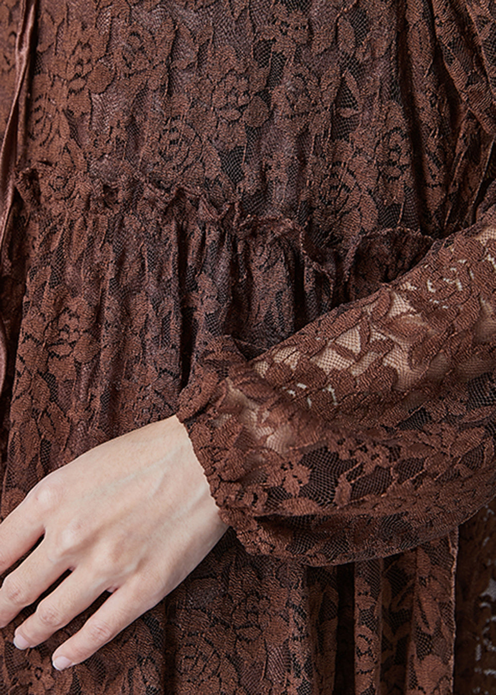 Chocolate Ruffled Hollow Out Lace Long Dresses Fall