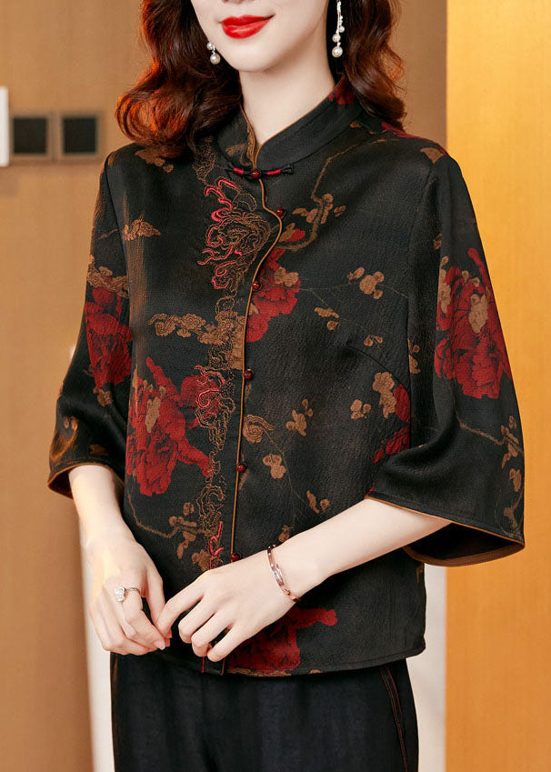 Fine Black Stand Collar Print Silk Two Piece Set Clothing Half Sleeve