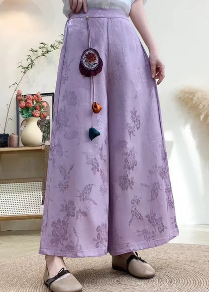 Chinese Style Purple Tassel Pockets Jacquard Silk Pants Fall
