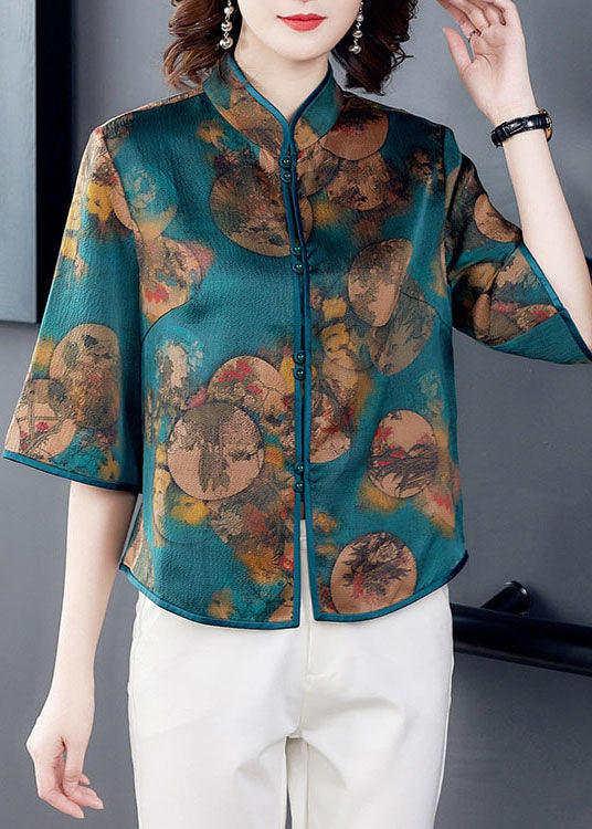 Green Stand Collar Print Patchwork Silk Blouse Top Summer