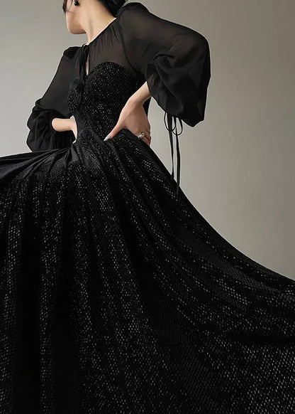 Black O-neck Tulle Drawstring Patchwork Velour Long Dresses Long Sleeve