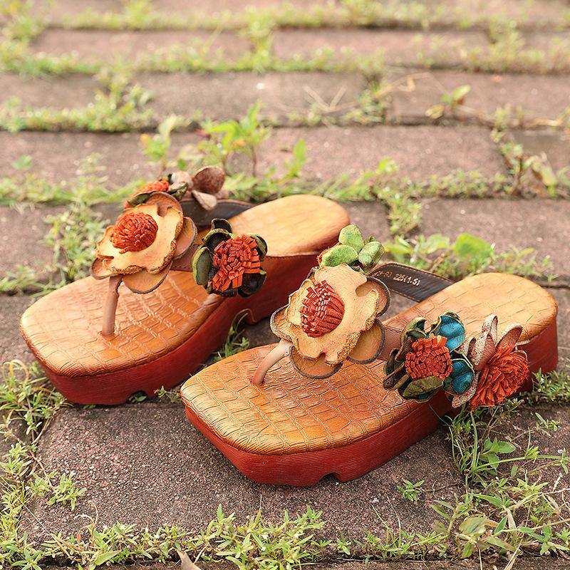 Wedge Thong Sandals Orange Cowhide Leather Flip Flops
