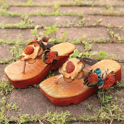Wedge Thong Sandals Orange Cowhide Leather Flip Flops
