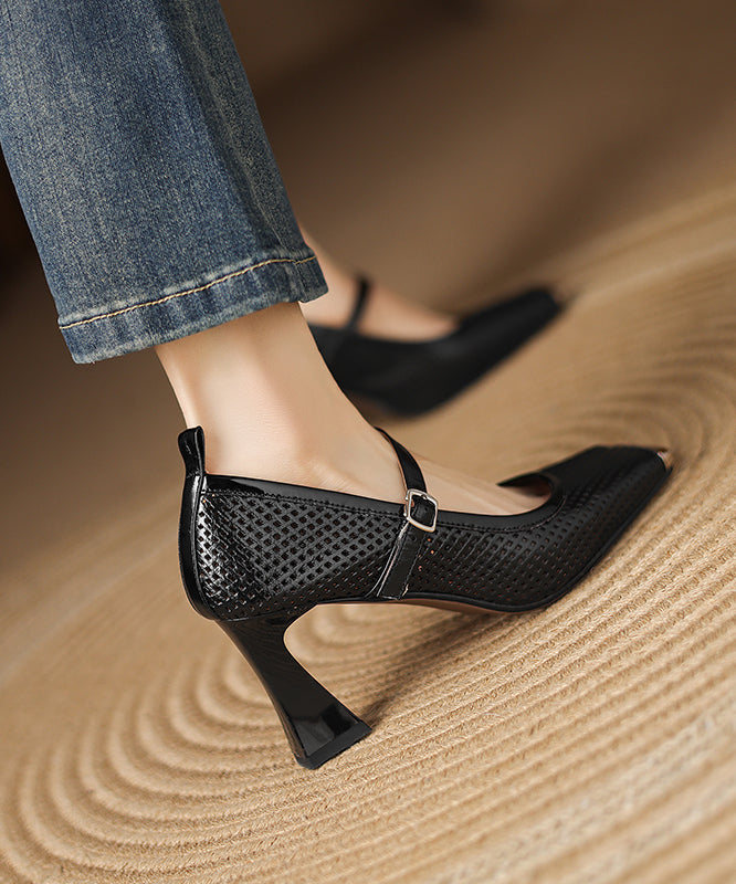 Black Cowhide Leather Splicing Chunky High Heels