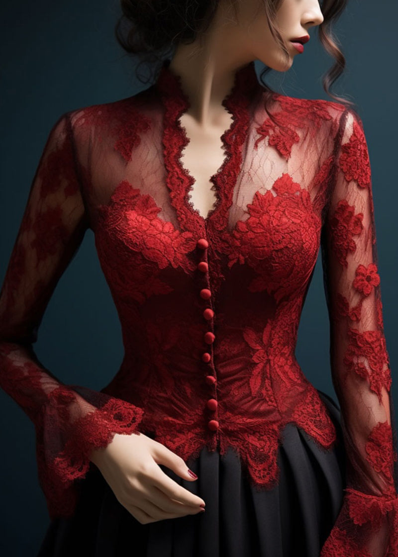 Slim Fit Red V Neck Hollow Out Lace Top Flare Sleeve Spring