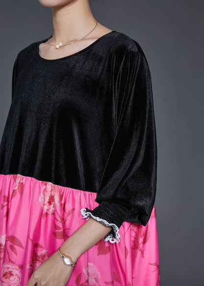 Black Oversized Patchwork Silk Velour Long Dresses Spring