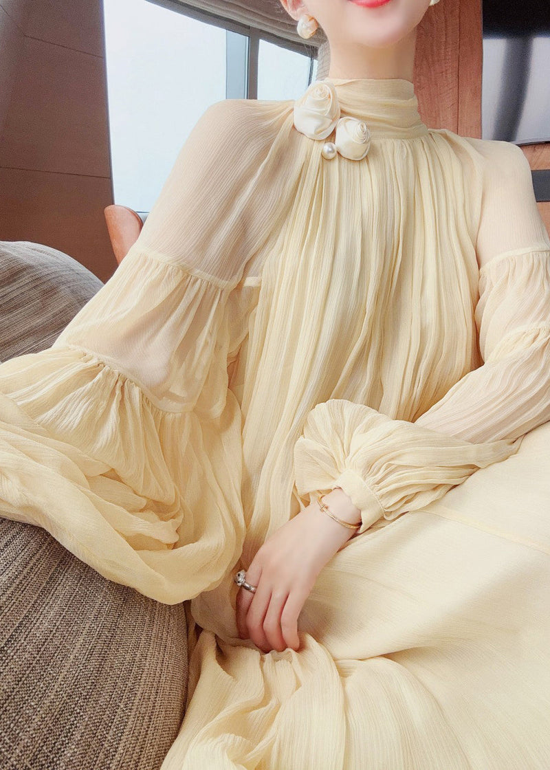 French Light Yellow Wrinkled Patchwork Silk Dress Spring