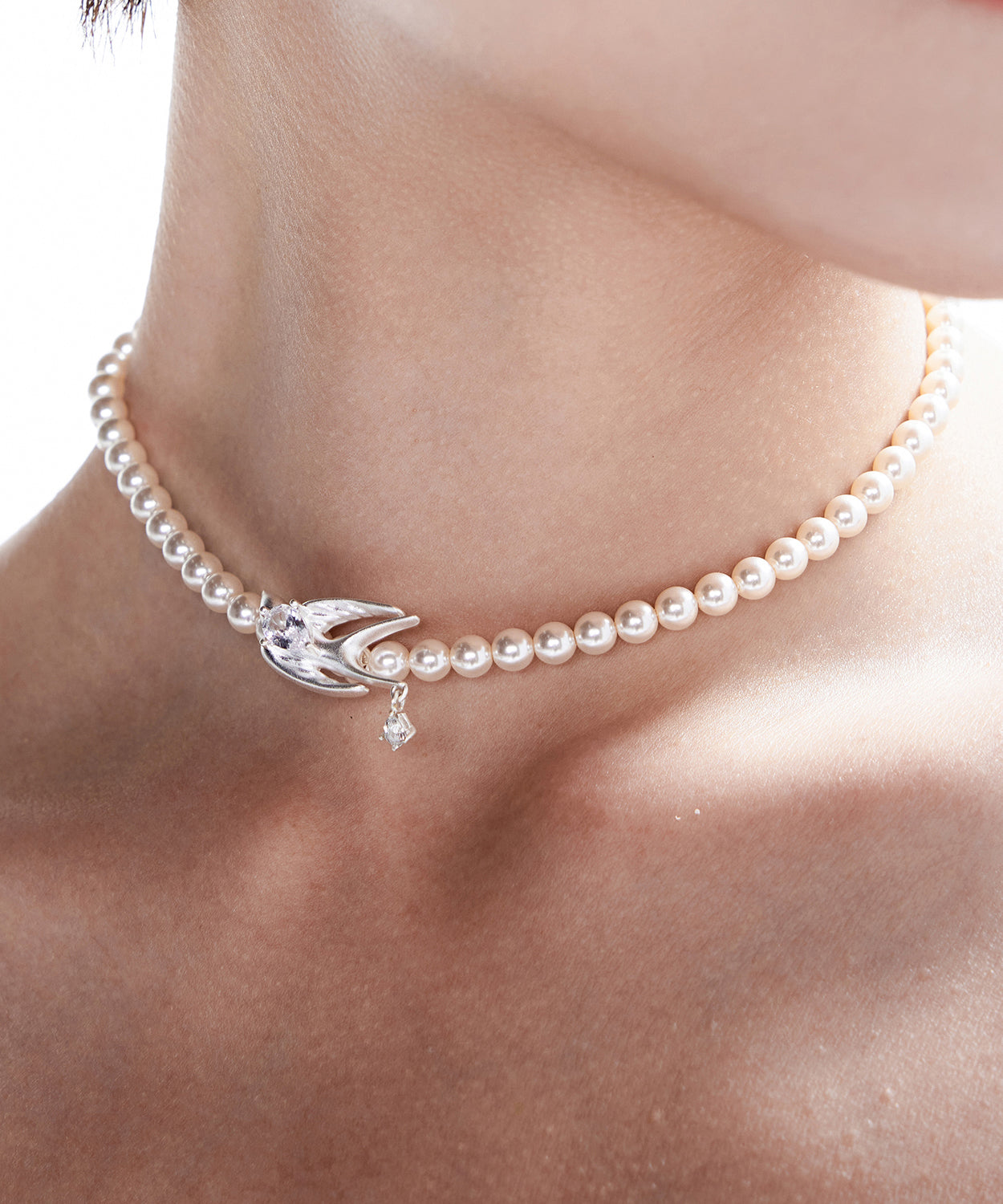 Pearl Little Bird Zircon Silver Plated Choker