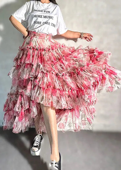 Red Asymmetrical Print Chiffon Skirt Spring