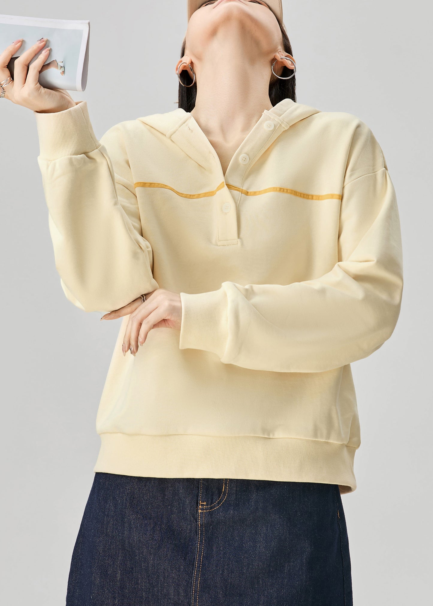 Yellow Hooded Button Cotton Sweatshirt Fall