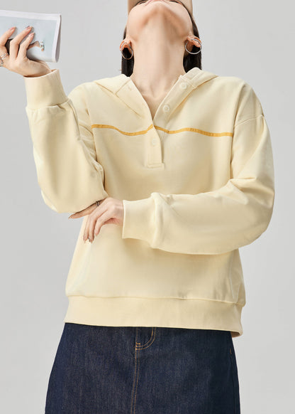 Yellow Hooded Button Cotton Sweatshirt Fall