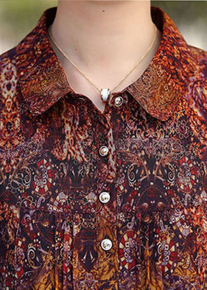 Brown Peter Pan Collar Print Button Silk Shirt Top Bracelet Sleeve