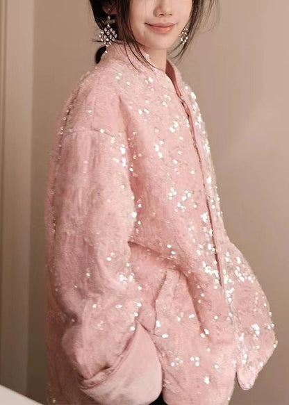 Pink Sequins Button Silk Velvet Coats Long Sleeve