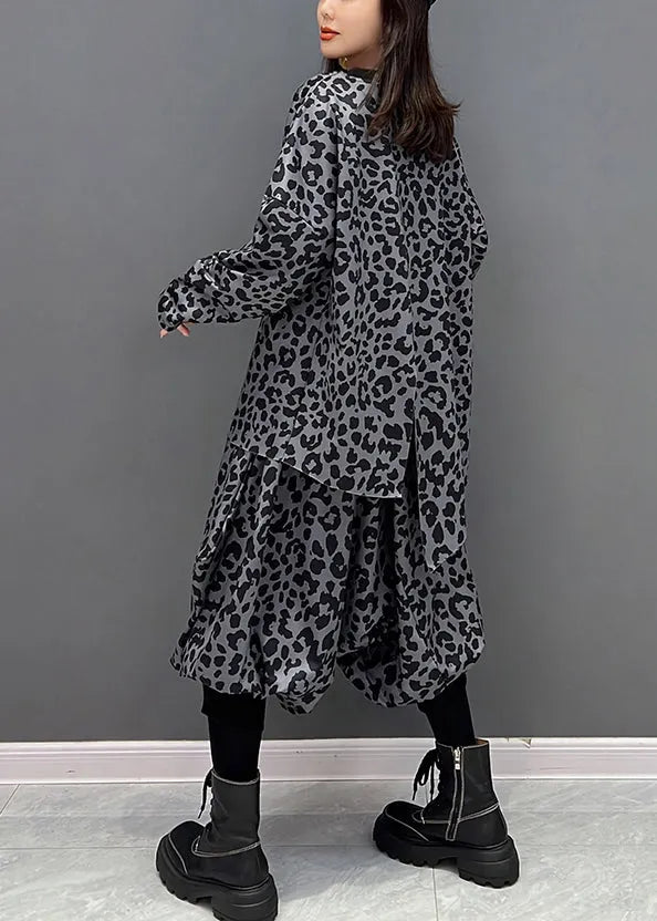 Dark Gray O-neck Asymmetrical Print Top and Harem Pants Two Piece Set Fall