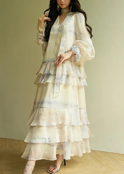 V Neck Print Tie Waist Cotton Party Dress Butterfly Sleeve