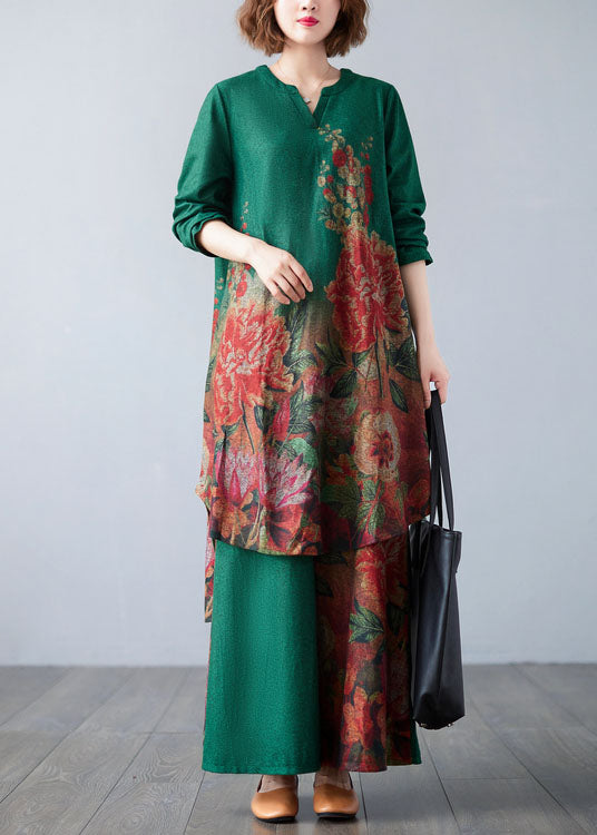 Green Patchwork Cotton Two Piece Set Clothing Spring