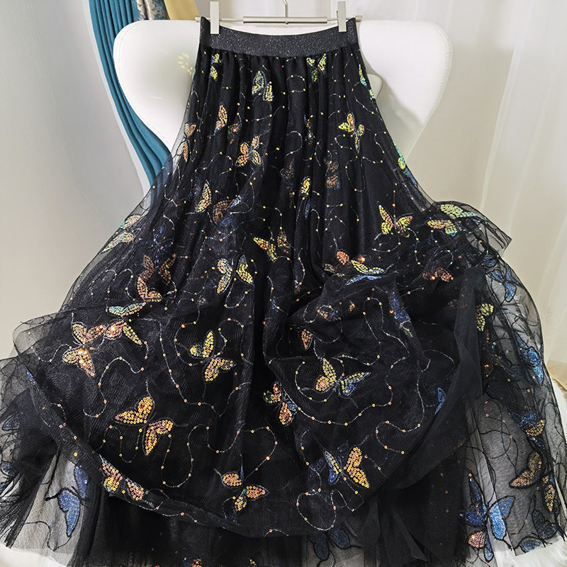 Black Embroidery Butterfly Sequins Tulle Summer Skirts