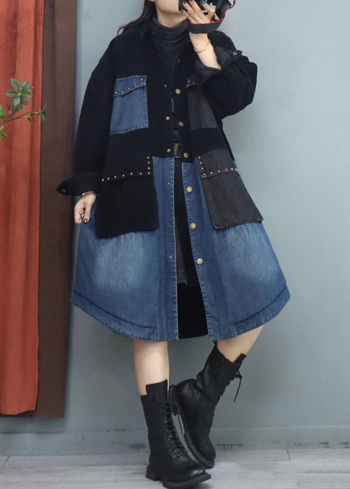 Black Peter Pan Collar Pockets Patchwork Coat Fall