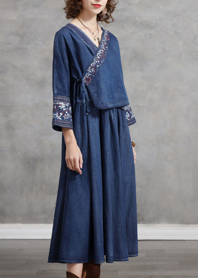 French Blue Cinched V Neck Embroideried Pocket Cotton Dresses Long Sleeve