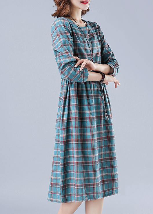 Unique O Neck Drawstring Spring Dress Runway Blue Plaid Dresses