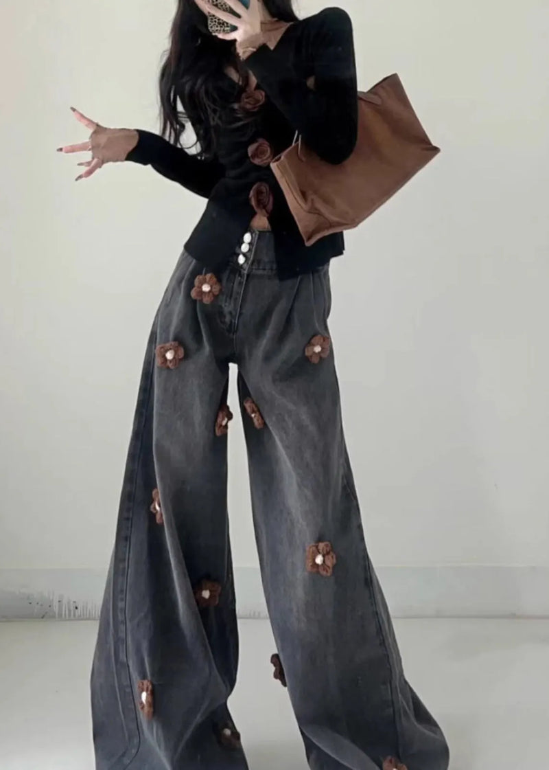 Fitted Light Blue Oversized Denim Wide Leg Pants Fall