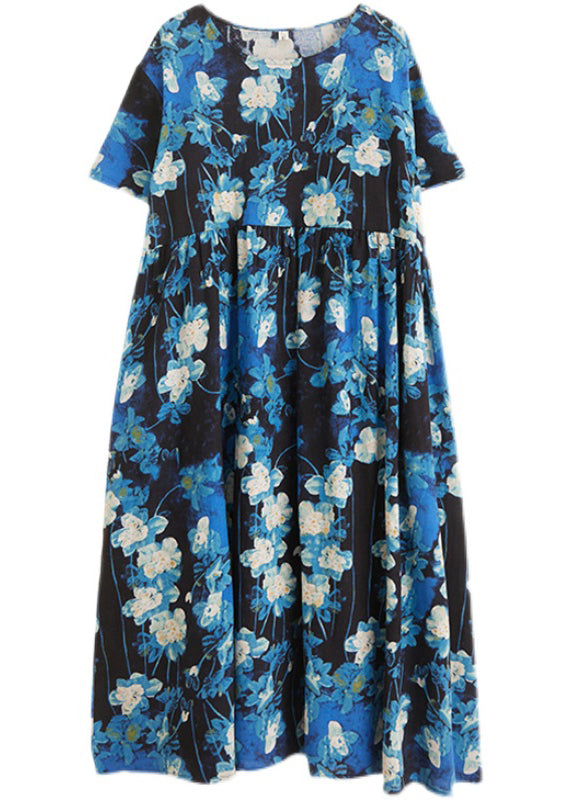 Blue Print Patchwork Vacation Maxi Dresses Short Sleeve