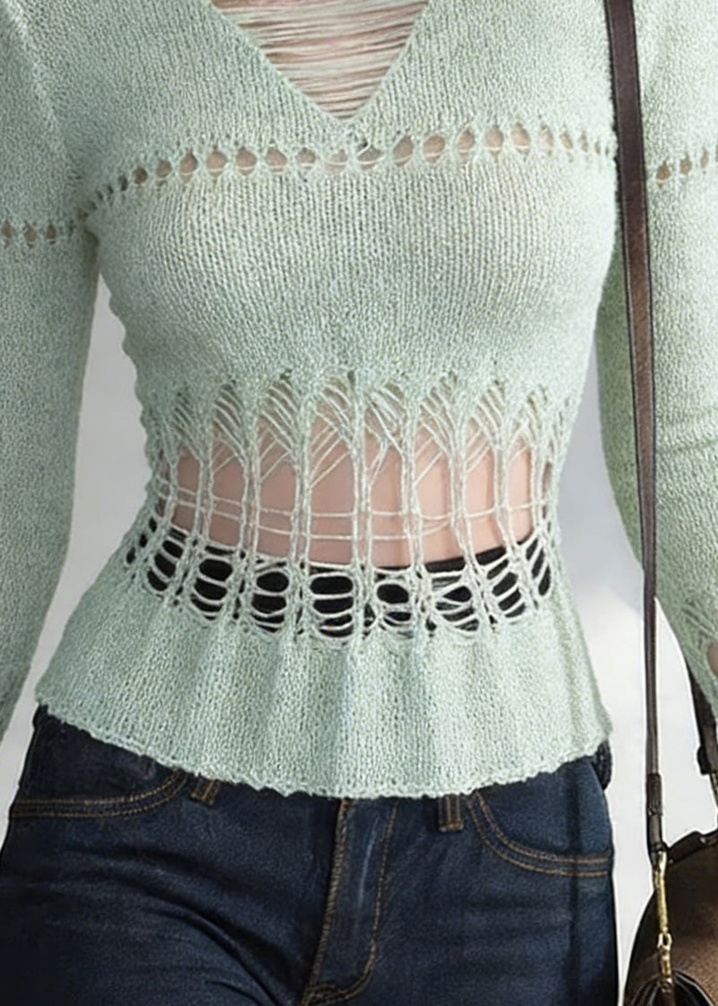 Slim Fit Green Hollow Out Knit T Shirt Spring