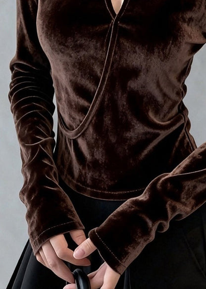 Coffee O Neck Hollow Out Silk Velour T Shirt Top Winter